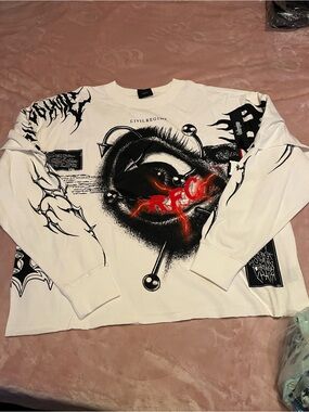 Civil Regime White Graphic Long Sleeve Shirt with Bold Red Accent